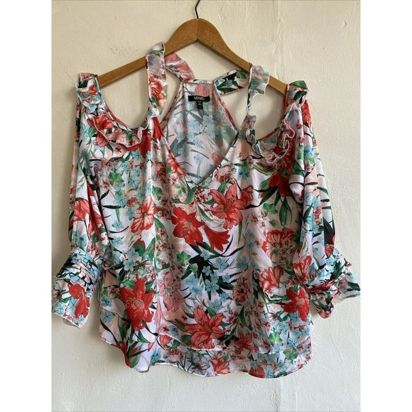 COPY - XOXO Womens Blouse Top Cold Shoulder Large Floral Layered Ruffles Long S… - Picture 1 of 11